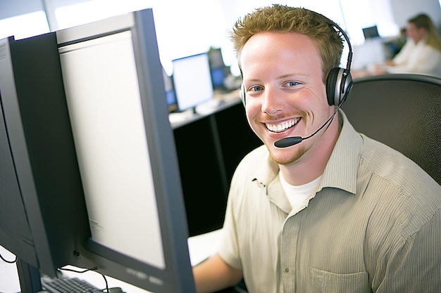 A man smiling working in a call center office