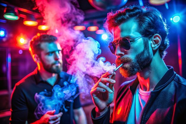 Photo a man smokes a cigarette and lets out smoke in a nightclub the neon light shines here the guy in the sunglasses