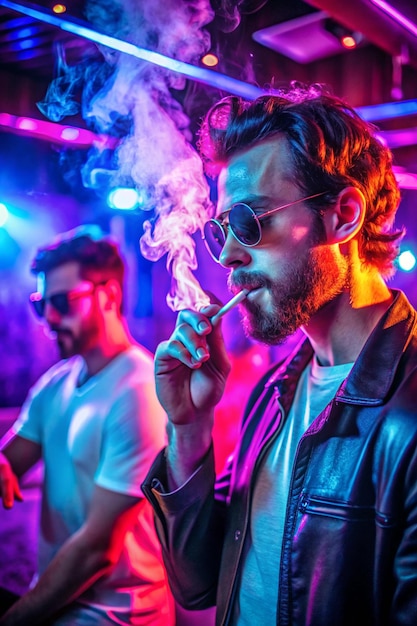 Photo a man smokes a cigarette and lets out smoke in a nightclub the neon light shines here the guy in the sunglasses