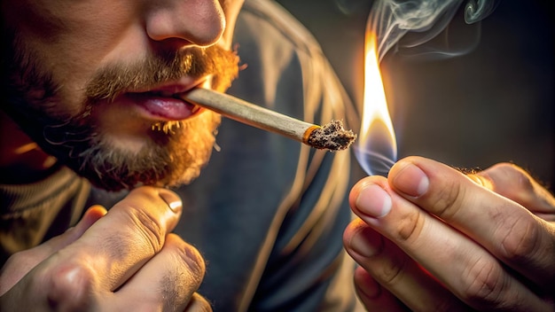 Photo a man smoking a cigarette with a cigarette in his mouth