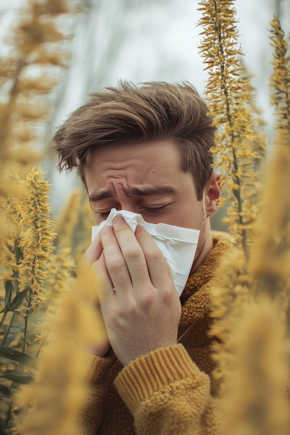 Photo a man sneezes into a tissue on a background of ambrosia selective focus