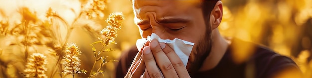 Photo a man sneezes into a tissue on a background of ambrosia selective focus