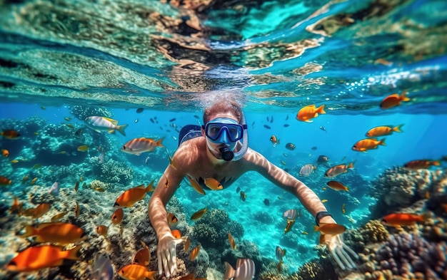 man in snorkeling mask dive underwater with tropical fishes in coral reef sea pool