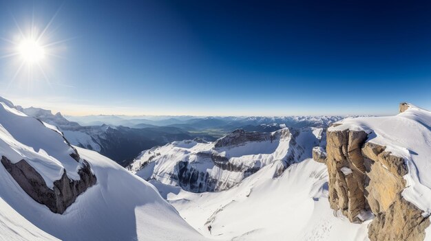 A man on a snowboard stands on a snowy mountain top.