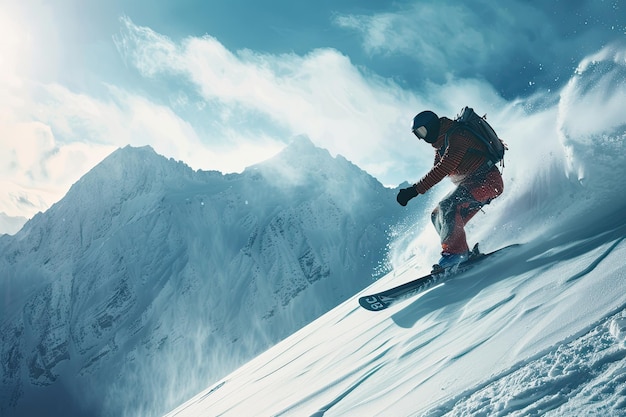 Man Snowboarding Down a Mountain in Winter