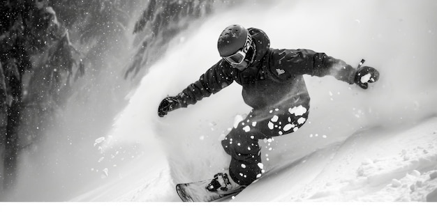 Man Snowboarding Down Snow Covered Slope in Outdoor Winter Activity