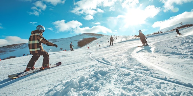 Man Snowboarding Down Snow Covered Slope