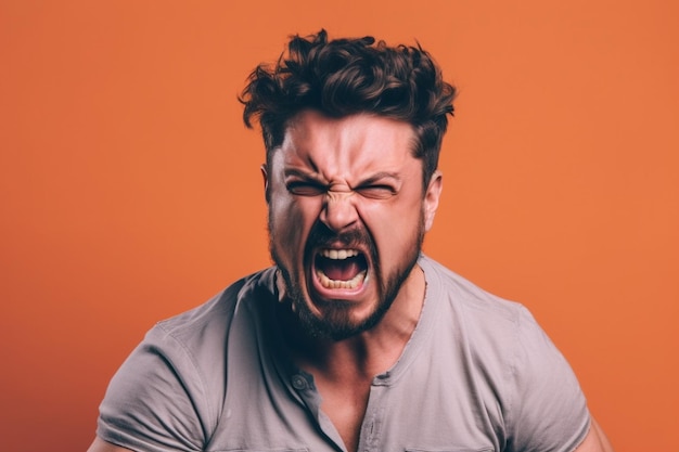 a man on solid color background photoshoot with Anger face experession