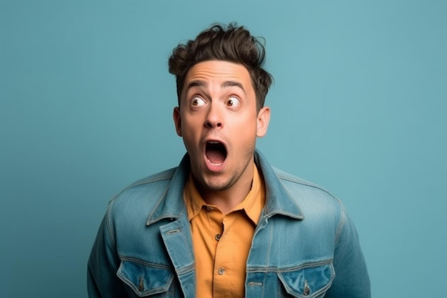 a man on solid color background photoshoot with Surprise face expression