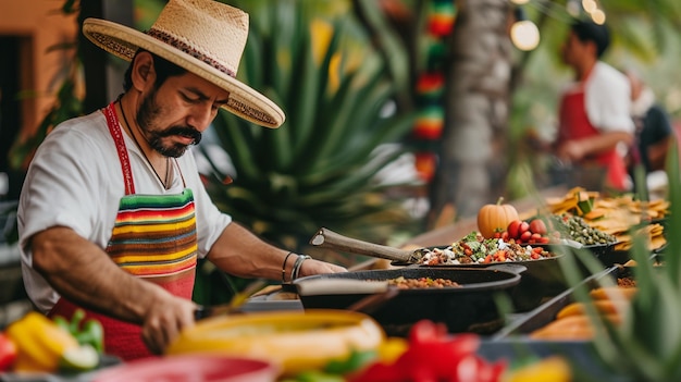 A man in a sombrero and apron serves tacos at a vibrant outdoor food market festooned