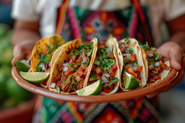 Photo man in sombrero holding a plate of delicious tacos in mexico