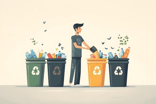 Photo man sorting waste into recycling bins in minimalist flat style