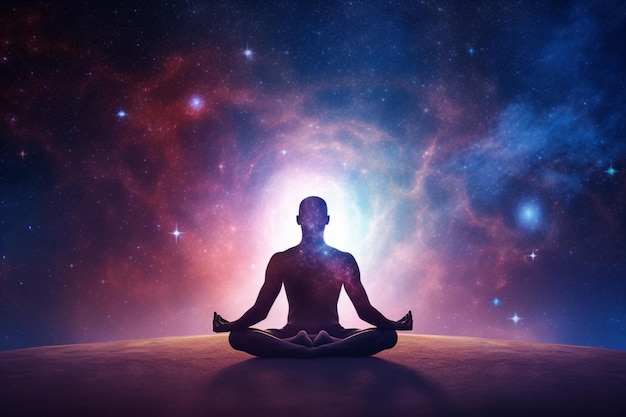 Man and soul Yoga lotus pose meditation on nebula galaxy background Zen spiritual wellbeing