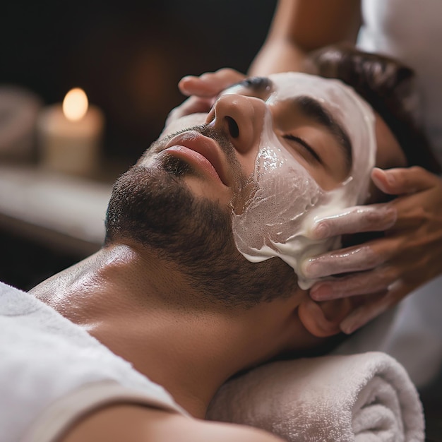 man in spa doing facial by a woman