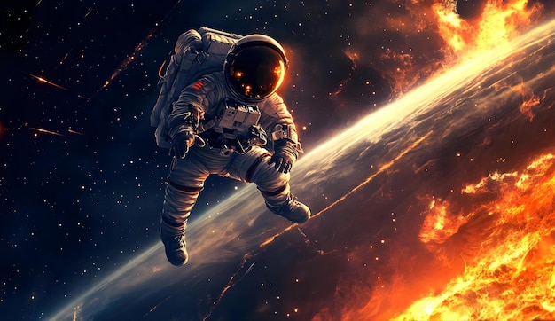 Photo a man in a space suit flies over a planet with