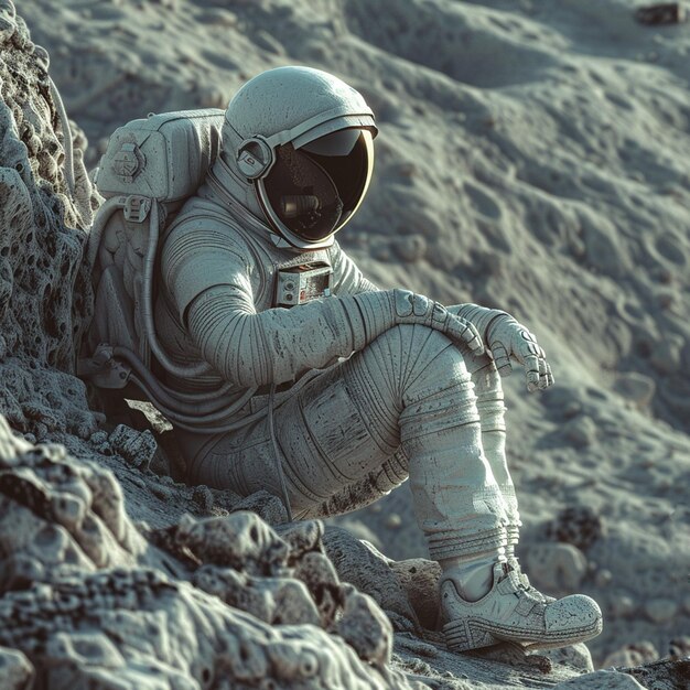 a man in a space suit is sitting on a rock