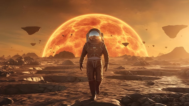 a man in a space suit is standing on the planet with the sun behind him