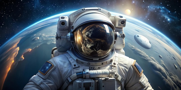 A man in a space suit is standing on the surface of the Earth