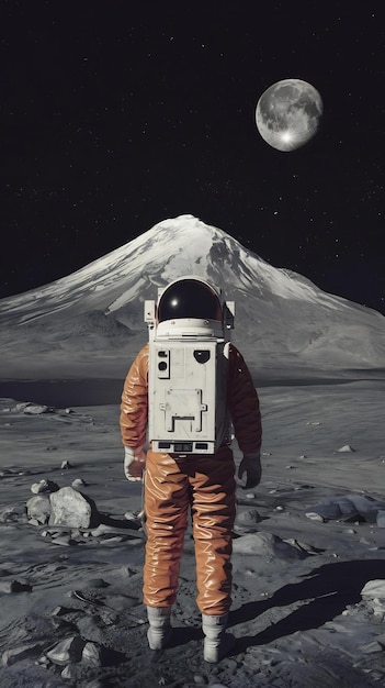 A man in a space suit looks at a mountn and the moon