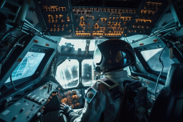 A man in a space suit sits in the cockpit of a spaceship