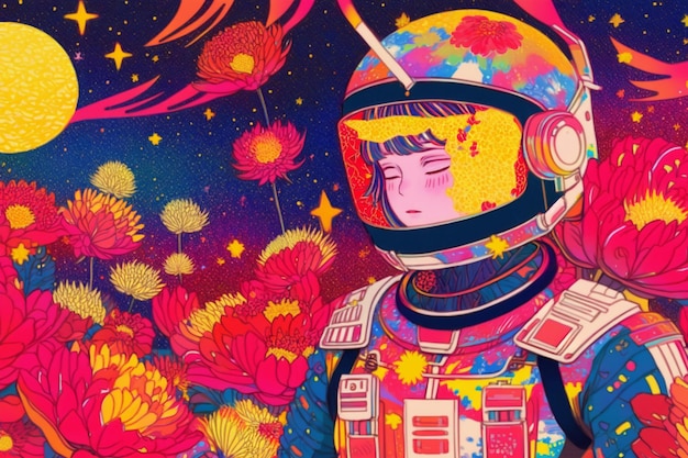 Man in a space suit standing in a field of flowers generative ai