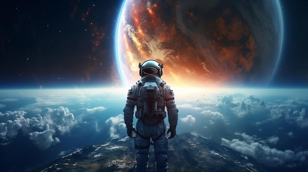 A Man in a Space Suit Standing in Front of the Earth