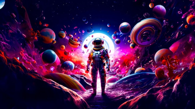 Man in space suit standing in the middle of space filled with planets