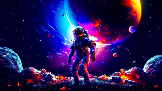 Man in space suit standing on planet with planets in the background