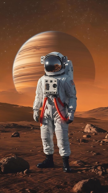 Man in space suit standing on rocky surface in front of planet