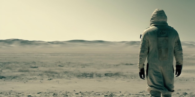 A man in a space suit stands in the desert.