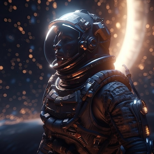 A man in a space suit stands in front of a planet with the sun shining behind him.