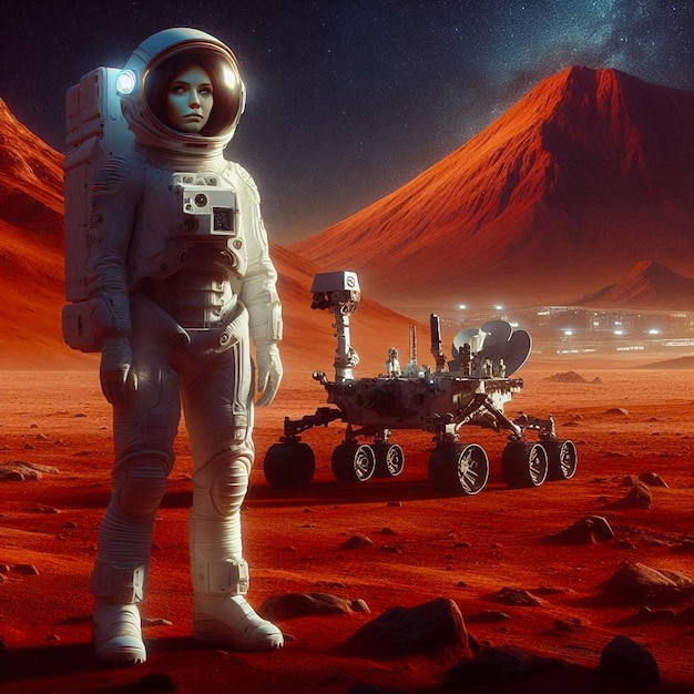 a man in a space suit stands in front of a red planet