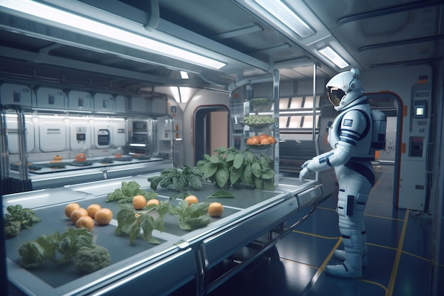 A man in a space suit stands in front of a table with oranges on it.