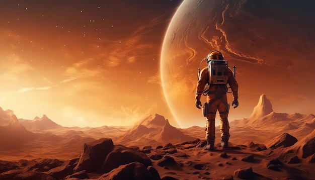 A man in a space suit stands on a rocky planet