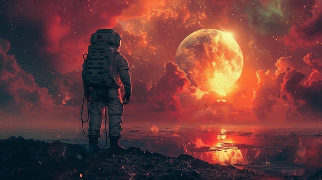 Photo a man in a space suit stands on a rocky shore with a large planet in the background