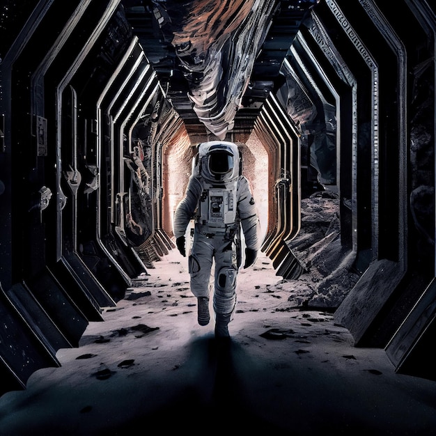 Man in a space suit walking through a tunnel generative ai