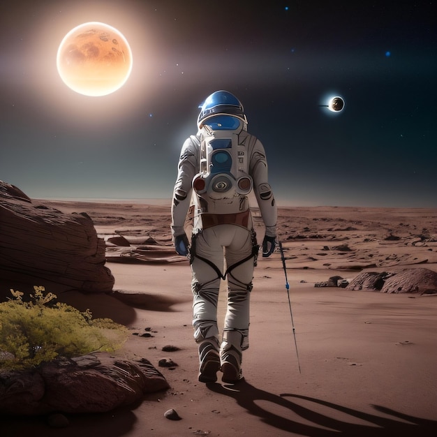 A man in a space suit walks on a planet with planets in the background.