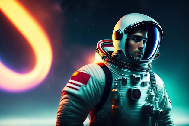 A man in a space suit with a planet in the background.