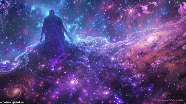 a man in a space with a purple background and a space background with stars and galaxy