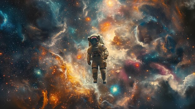 Photo a man in a spacesuit is floating in space