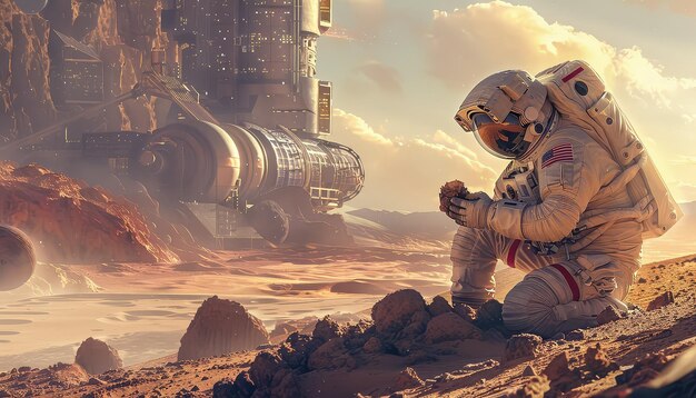 A man in a spacesuit is kneeling on the ground in front of a large building