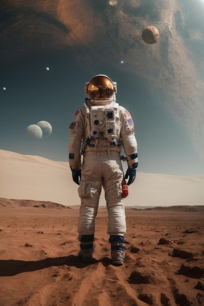 A man in a spacesuit stands in a desert