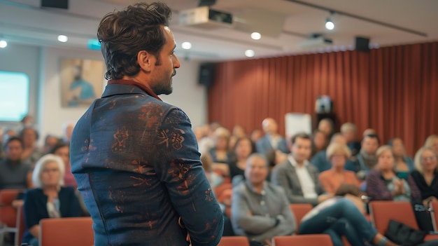 a man speaking in front of a large audience