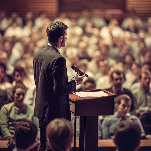 Photo a man speaking into a microphone in front of a crowd of people