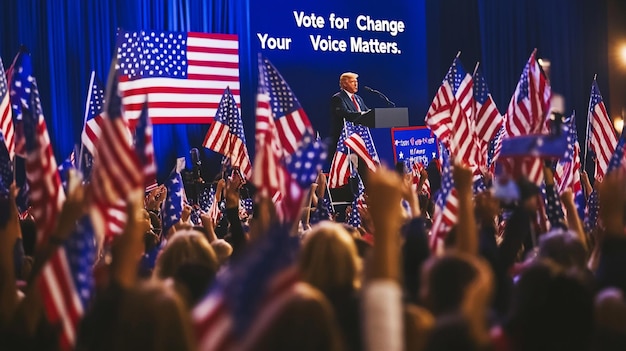 a man speaking at a podium with a flag and a woman giving a speech