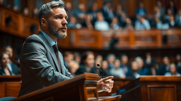 man speaking at a podium with a microphone in front of him