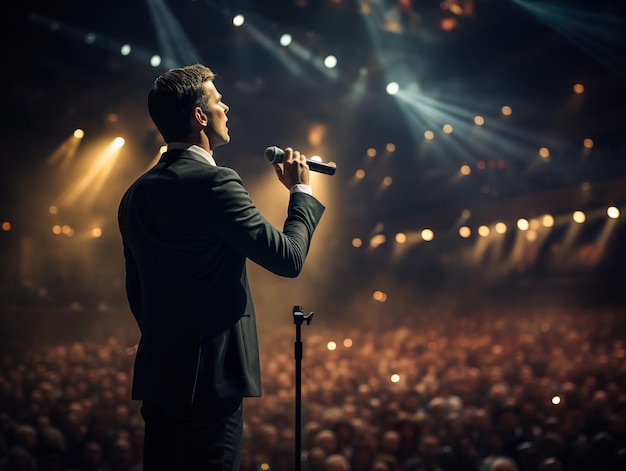 Man speaking through microphone in conference hall Background business training forum Generative ai