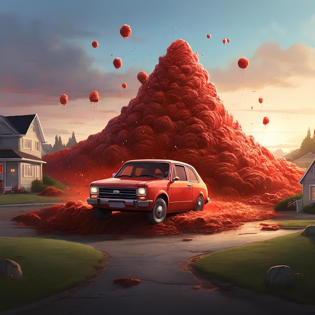 a man speeding away in a red car from a massive glowing mound of feces