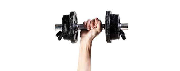 Man in sports with dumbbells Strong hand man lift a weight dumbbells Male maleraising a dumbbell Man hand holding dumbbell in hand