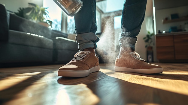 Photo man spraying deodorant over pair of shoes at home close up